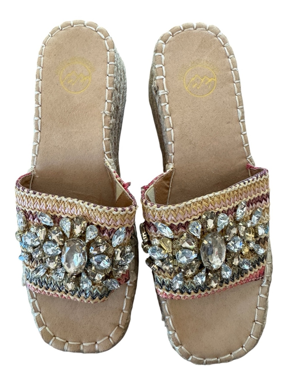 White Mountain Stitch Rhinestone Espadrille Wedge Sandals Natural Multi Sz 7M